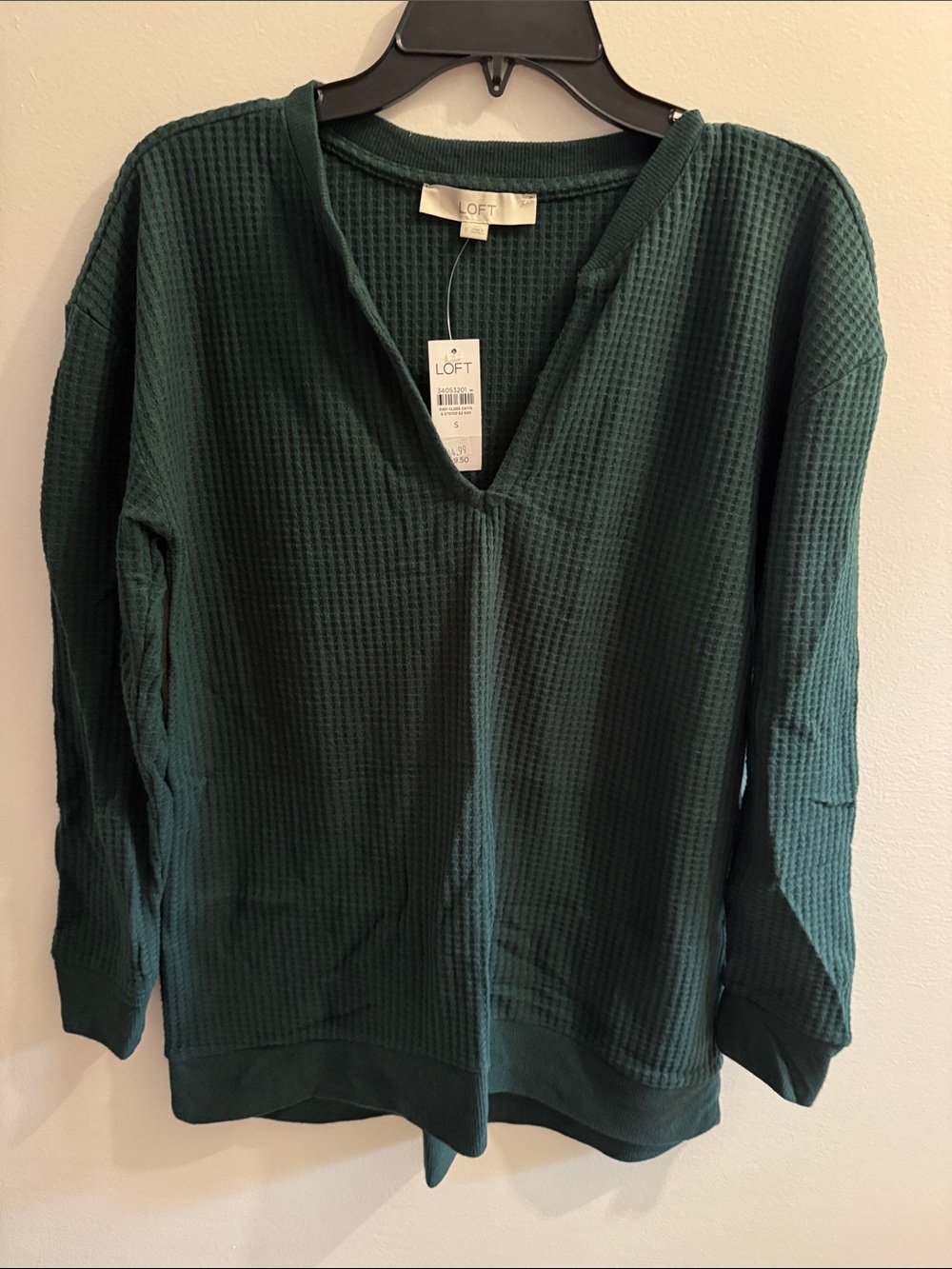 LOFT Forest Green Waffle V-Notch Pullover Sweater